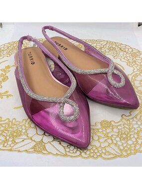 NWT TORRID Shoes sz 7.5 Flat Pink Plasrtic slingbacks w/Rhinestones Barbie Read